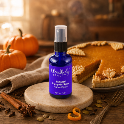 Cloudberry Beauty Toasted Pumpkin Spice Room Spray styled with pumpkin pie, pumpkins and autumn spices.